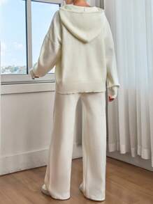 EURMUSE Bộ áo chui đầu trùm đầu trễ vai màu trơn cho nữ và quần len - trắng - Xem 4