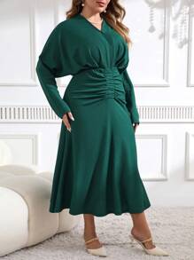 Modelyn Plus Size Women's V-Neck Long Batwing Sleeve Ruched Fishtail Hem Elegant Dress, Spring And Summer - Green - View 2