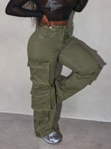 Slaydiva Petos vaqueros con bolsillo para mujer, pantalones cargo de mujer color verde militar, pantalones vaqueros holgados, pantalones holgados de mujer, pantalones de otoño para mujer - Verde militar - Ver 5