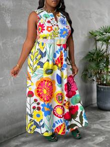 Slaydiva 大码印花无袖宽松 A 字形女式连衣裙，休闲度假 - 彩色 - 查看 4