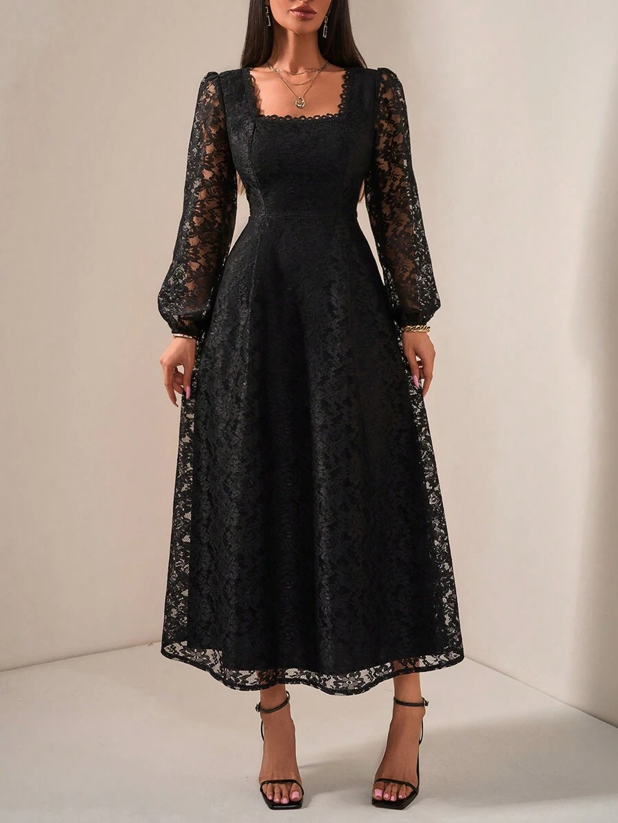 EURMUSE Romantic Style, Black Lace Pencil Skirt Maxi Dress - Black - View 1