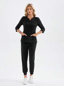 TaskEZ Solid Color V-Neck 3/4 Sleeve Pocket Scrub Top And Pants  Uniform Set Scrub Sets