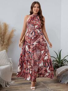 SHEIN LUNE 大码佩斯利印花系带吊带连衣裙优雅女士连衣裙秋装 - 紅色 - 查看 5