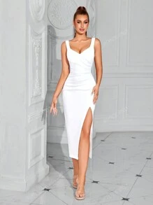 ADYCE Abito da festa con scollo a V senza maniche, plissettato sulla parte anteriore, con spacco, bianco, elegante, da cocktail, semi-formale, da festa di laurea, a cena, per un ritorno a casa