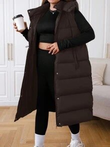 SHEIN EZwear Plus Size Long Hooded Winter Vest Coat Fall Autumn - Brown - View 3