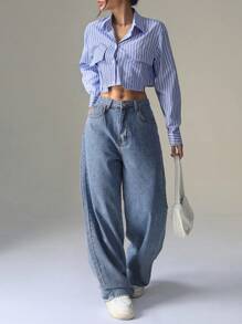 SHEIN EZwear 女式春夏条纹长袖实用口袋短款休闲衬衫 - 藍色 - 查看 6