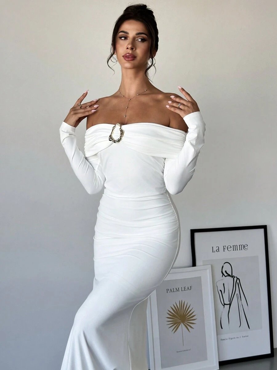 Firerie 女式露肩褶饰金属装饰修身优雅工作连衣裙