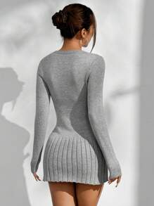 SHEIN Unity Women's Solid Round Neck Long Sleeve Casual Midi Dress, Autumn Winter - Grey - View 2
