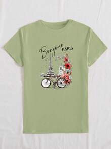 INAWLY Paris France T-Shirt Eiffel Tower Design Travel T-Shirt For Women Casual Summer Top Graphic Tees Women Tops - Army Green - View 3