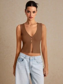 Poéselle Women's Chic Summer Knit Top,All Shades Of Brown V Neck Sleeveless Tank Top For Night Out,Open Placket Vest With Asymmetric Slit Hem Holiday Cardigan - Brown - View 5