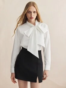 BizChic 女士优雅通勤领带蝴蝶结衬衫办公室白衬衫宽松衬衫工作衬衫 - 白色 - 查看 9