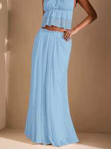 SHEIN BAE Damska letnia spódnica asymetryczna z marszczeniami i wysokim rozcięciem w jednolitym kolorze, z niskim stanem, idealna na plażę, wakacje i randkę