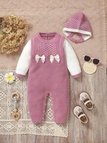 Baby Girl 2pcs/Set Dreamy Pink Sweater Jumpsuit With Elegant Crew Neck Long Sleeves, Fashionable 2 In 1 Design Winter Clothes With Bow Decor, Comfortable Long Jumpsuit With Matching Hat For Cute Outfit