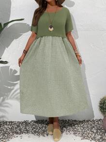 EMERY ROSE Vestido de manga corta de talla grande para mujer con unicolor y parche a cuadros