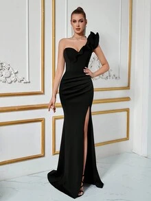ADYCE Vestido elegante de noche, fiesta, graduación, cena, color negro formal para bodas y eventos, con un hombro, fruncido, pliegues delanteros y abertura lateral - Negro - Ver 6
