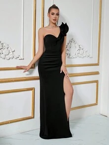 ADYCE Vestido elegante de noche, fiesta, graduación, cena, color negro formal para bodas y eventos, con un hombro, fruncido, pliegues delanteros y abertura lateral - Negro - Ver 8