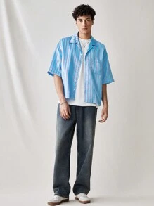 Mainfolk 男士休闲梭织宽松短袖条纹衬衫 - 彩色 - 查看 4