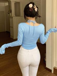 DAZY Women's 2 In 1 Long Sleeve T-Shirt Going Out Tops,Fall Clothes - Baby Blue - View 5