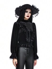 ROMWE Gothic Vampire Palace Style Embroidered Puff Sleeve Velvet Blouse For Women - Black - View 1