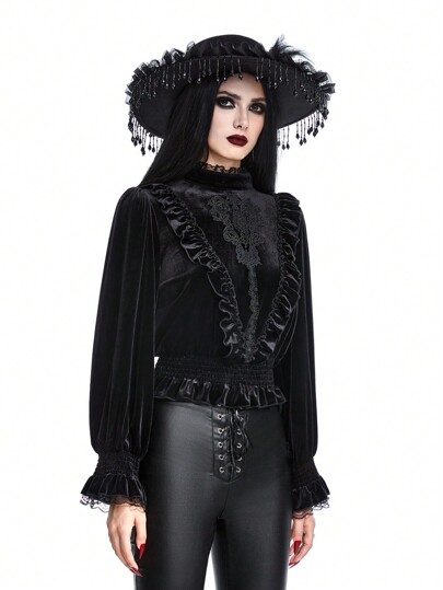 Gothic Vampire Palace Style Embroidered Puff Sleeve Velvet Blouse For Women