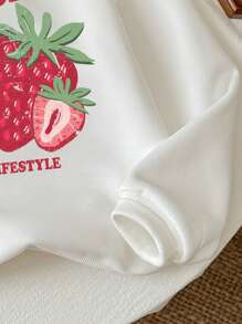 SHEIN Leap Crew Tween Girls' Casual Retro American Style Cartoon Strawberry Print White Long Sleeve Loose Fit Thick Sweatshirt, Suitable For Autumn/Winter - White - View 4