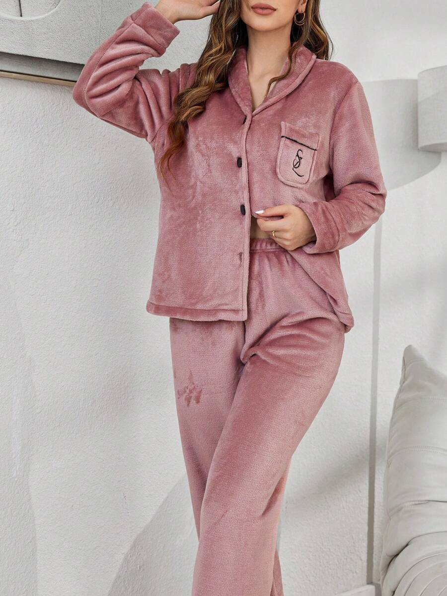 Plush Collar Pocket Embroidered Long Sleeve Top & Pants Fluffy Pajama Set, Fall Winter Clothes, Cozy Outfit - Dusty Pink - View 1
