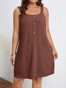 SHEIN LUNE Robe d'été casual à bretelle avec poche et bouton unique pour femmes grande taille - Tabac - Voir 4
