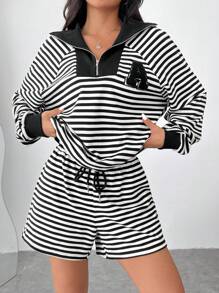 SHEIN EZwear 2 件女式条纹长袖运动衫和短裤套装 - 黑與白 - 查看 3