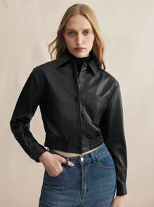 BizChic Black PU Elastic Hem Fitted Long Sleeve Jacket - Black - View 6