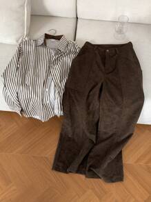 FRIFUL 女士纯色口袋宽松直筒休闲裤 - 咖啡棕 - 查看 7