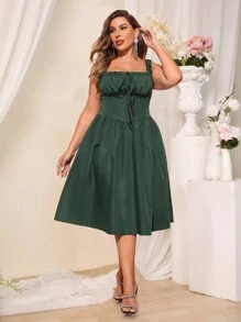 SHEIN Belle Plus Size Collar Strap Ruffle Tie-Waist Elegant Formal Dress (Heavily Embellished) - Dark Green - View 3