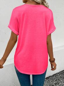 SHEIN LUNE Áo thun nữ tay ngắn cổ tròn đơn giản màu trơn mặc hàng ngày - Hồng - Xem 2