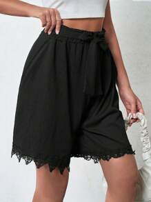 EURMUSE Women Lace Splicing Floral Hem Shorts - Black - View 3