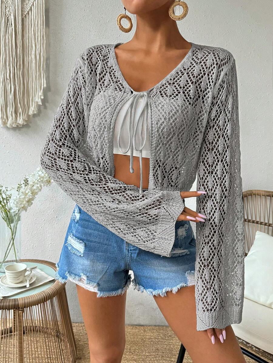 SHEIN LUNE 女士纯色简约日常镂空针织前系带开衫 - 淺灰色 - 查看 1