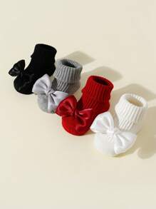 4pairs Baby Girls' Bowknot Decor Anti-Slip Knee High Socks For All Seasons, Indoor Non-Slip Floor Socks For Toddlers Learning To Walk