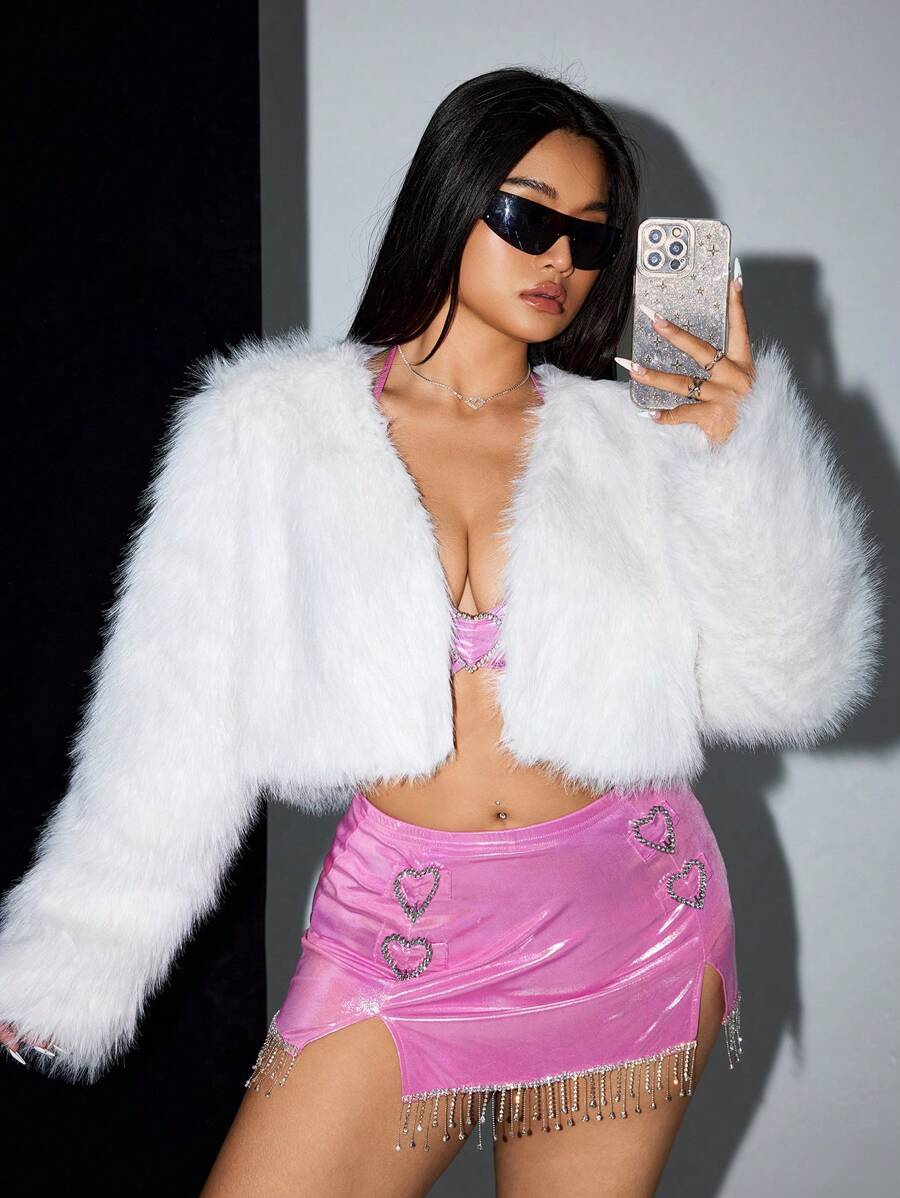 SHEIN ICON Plus Solid Open Front Fuzzy White Coat, For Winter Fall Autumn - White - View 1