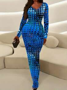 SHEIN Slayr 女式 V 领长袖超长修身印花连衣裙 - 藍色 - 查看 3