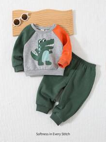 Cozy Pixies 2 件装男婴卡通恐龙图案针织柔软插肩袖套头衫和松紧腰裤套装 - 綠色 - 查看 10