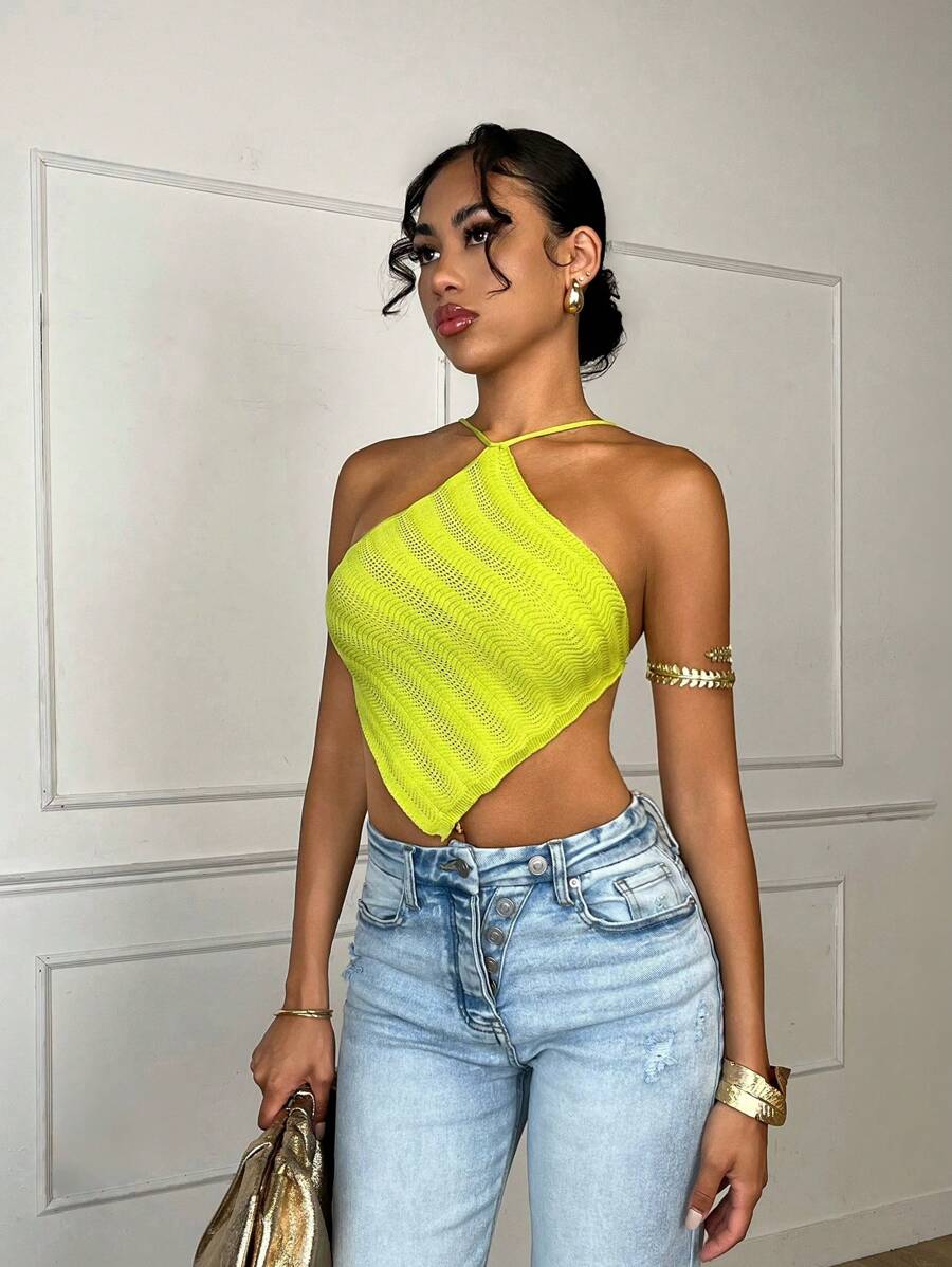 SHEIN BAE Lime Green Chic Elegant Summer Party Striped Lace Up Backless Asymmetrical Hem Knit Top,Women's Rave Festival Outfits,One Piece Swimsuit&Bikini Tops - Green - View 1