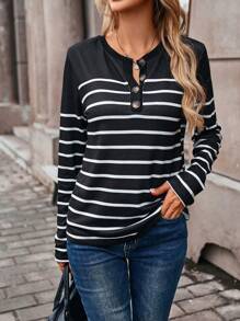 EMERY ROSE Women Color Block Striped Print Long Sleeve T-Shirt Graphic Tees Women Tops For Spring Outfit - Black and White - View 6