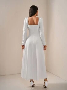 EURMUSE 优雅风格，罩杯细节喇叭中长连衣裙 - 白色 - 查看 3