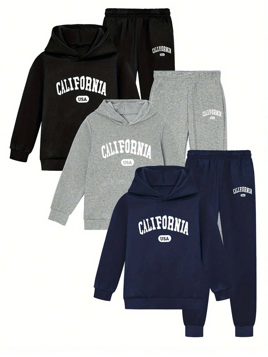 3pcs/Set Young Boy Hooded Sweatshirt And Jogger Pants Set - Black, Heather Grey, Navy Blue