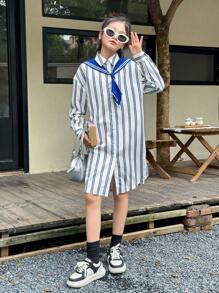 SHEIN Tween Girl 海军蓝斗篷编织条纹衬衫裙 - 藍白色 - 查看 4
