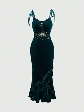 Hippie Vestido largo de terciopelo con bordado de ojo con estilo gótico y caprichoso para Año Nuevo
