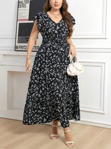 SHEIN Clasi Đầm thanh lịch tay lỡ họa tiết hoa cỡ lớn cho nữ - màu đen - Xem 4