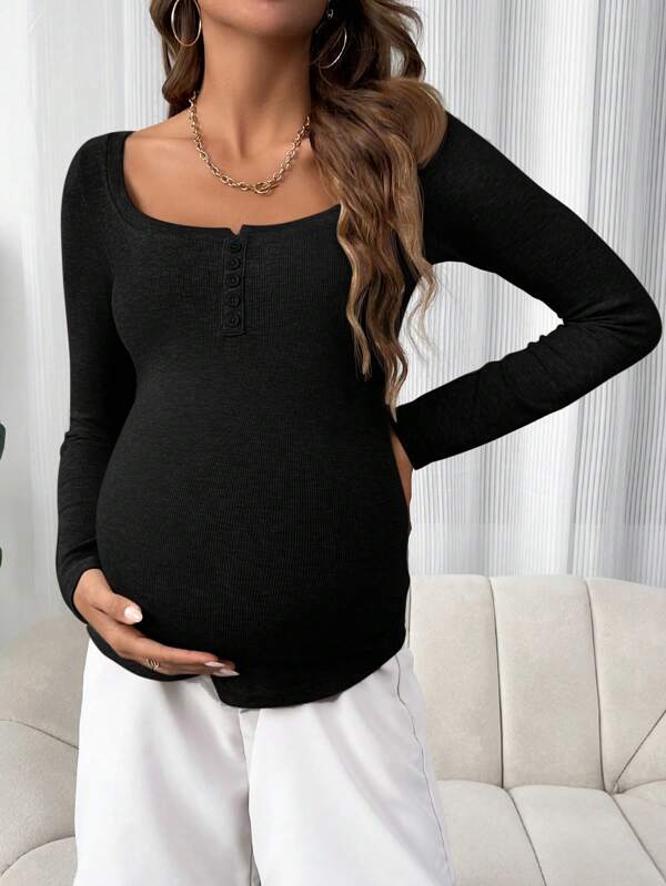 SHEIN T-shirt slim manches longues couleur unie de grossesse, printemps/automne