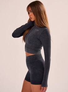 Musera Sport Chaqueta deportiva de ajuste ceñido acanalada solo con cuello alto, mangas largas y cierre con cremallera