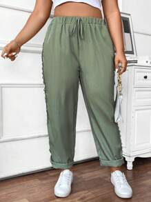 Calvaya Plus Size Elastic Drawstring Pocket Straight Leg Casual Fashion Street Pants Fall Cloth For Women - Green - View 6