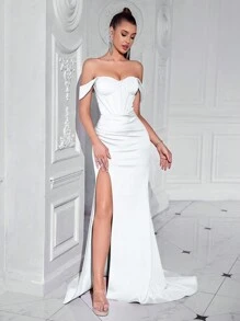 ADYCE Off-The-Shoulder Heart Neckline Ruffle Front Slit Backless Cocktail Maxi Dress - White - View 6