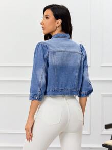 SHEIN Essnce 春夏休闲猫须剪裁牛仔夹克 - 淺色水洗藍 - 查看 2